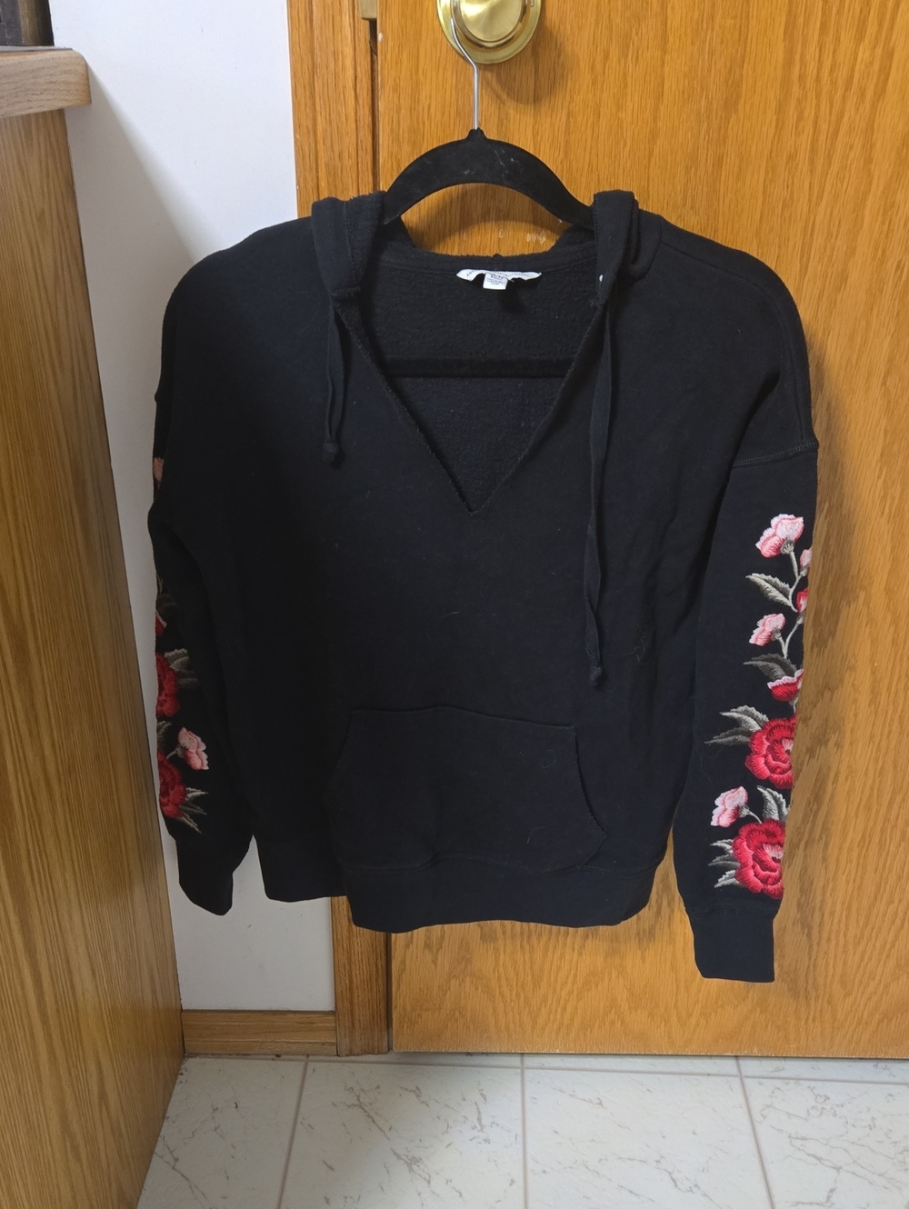 American Eagle Outfitters Black Hoodie with Rose Sleeve Embroidery